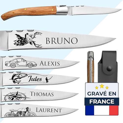KDO MAGIC - Couteau personnalisé - Manche en frêne - Cadeau Fête des pères - Cadeau Homme, papa, papy - Couteau personnalisable - Idée cadeau Homme - Lame gravée avec un prénom - Personnalisable