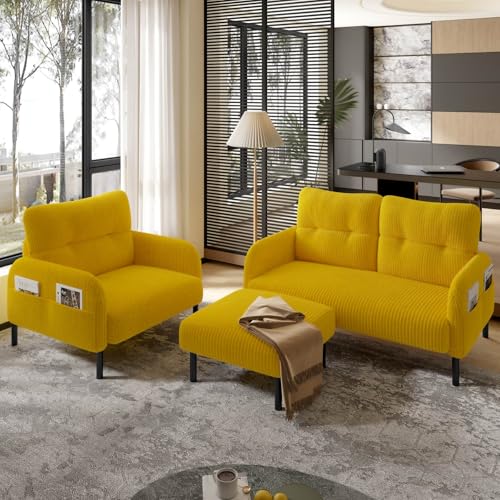 KOMHTOM Canapé 3 Places Modulaire avec Fauteuil, Tabouret, 4 Poches Latérales et Pieds de Chaise en Métal - Canapé Salon Moderne Confortable (Jaune)